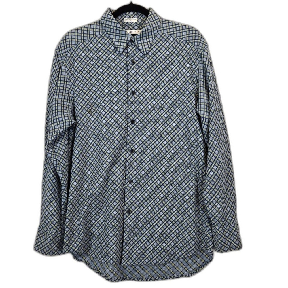 Geoffrey Beene Mens Shirt ‎ Blue Yellow Sz M 15.5 Preppy Academia Check Textured